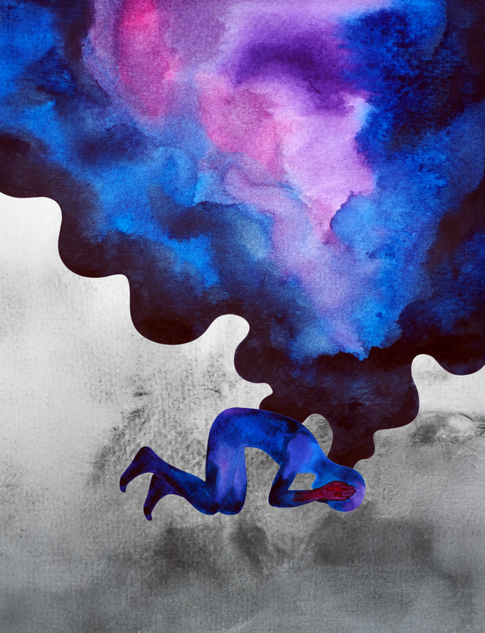 Watercolor illustration of person experiencing gloom and emotional trauma